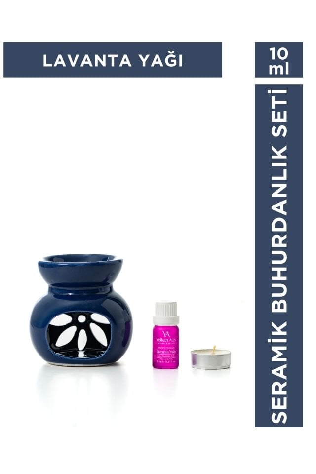Volkan Ates Natural & Beauty Seramik Buhurdanlık Seti Lacivert Renk + Lavandula Angustifolia Saf Lavanta Yağı 10 ml + Mum