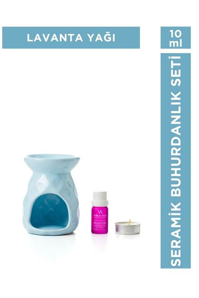 Volkan Ates Natural & Beauty Seramik Buhurdanlık Seti Açık Mavi Renk + Lavandula Angustifolia Saf Lavanta Yağı 10 ml + Mum