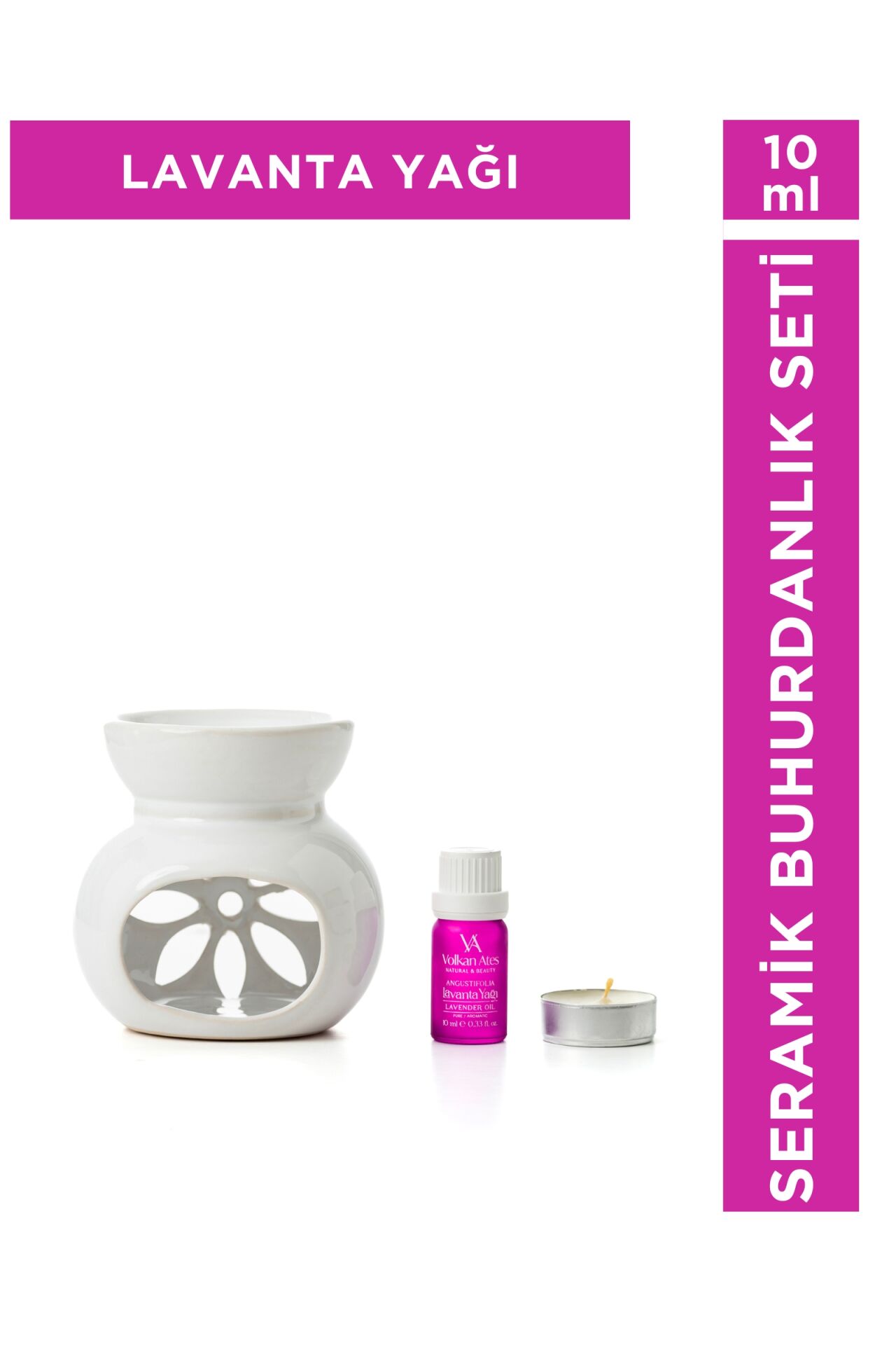 Volkan Ates Natural & Beauty Seramik Buhurdanlık Seti Beyaz Renk + Lavandula Angustifolia Saf Lavanta Yağı 10 ml + Mum
