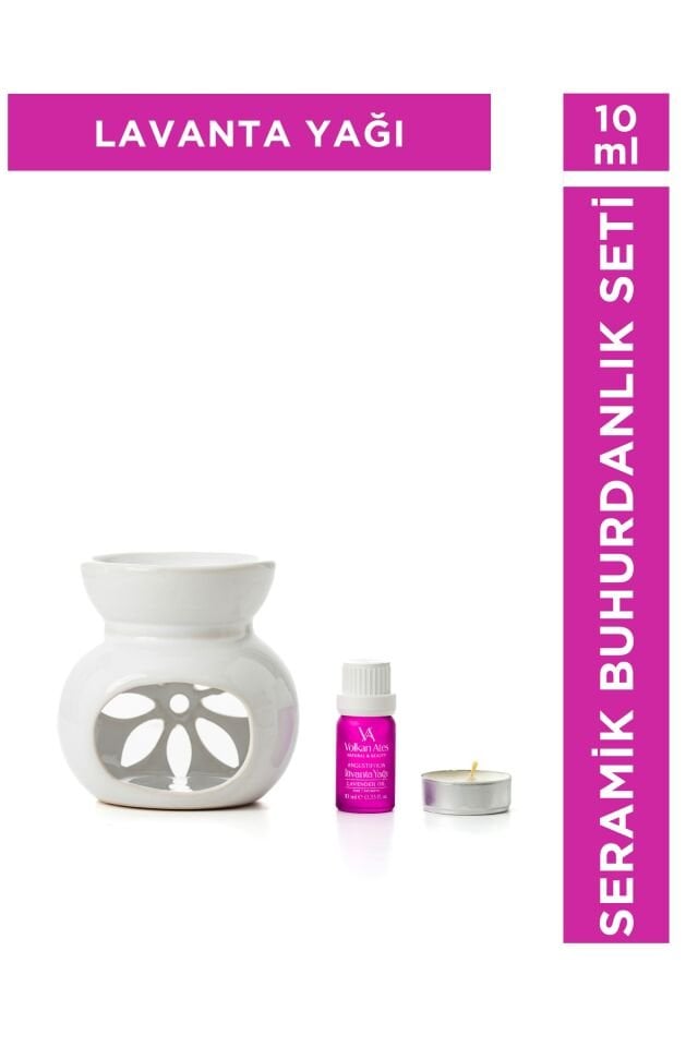 Volkan Ates Natural & Beauty Seramik Buhurdanlık Seti Beyaz Renk + Lavandula Angustifolia Saf Lavanta Yağı 10 ml + Mum