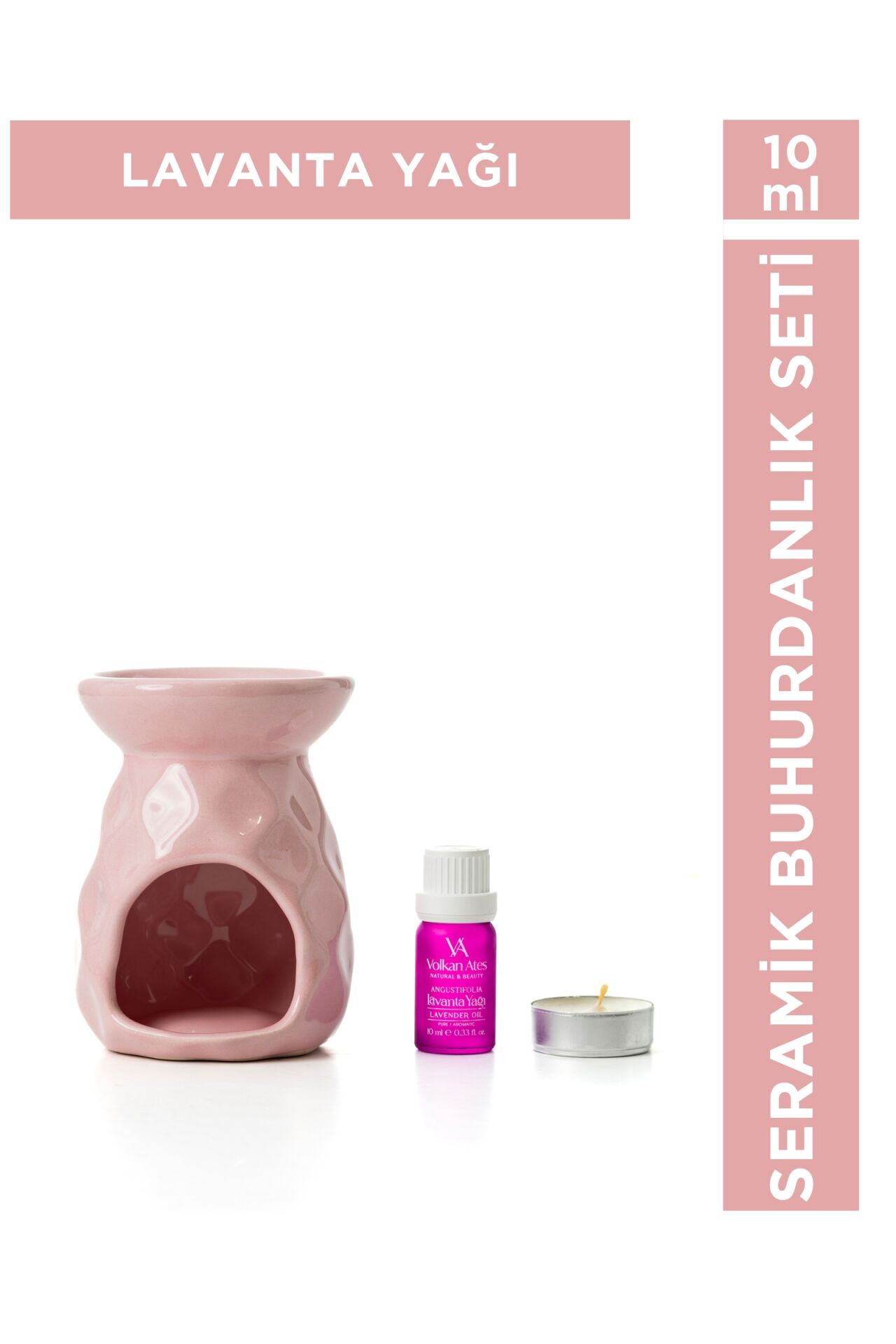 Volkan Ates Natural & Beauty Seramik Buhurdanlık Seti Pembe Renk + Lavandula Angustifolia Saf Lavanta Yağı 10 ml + Mum