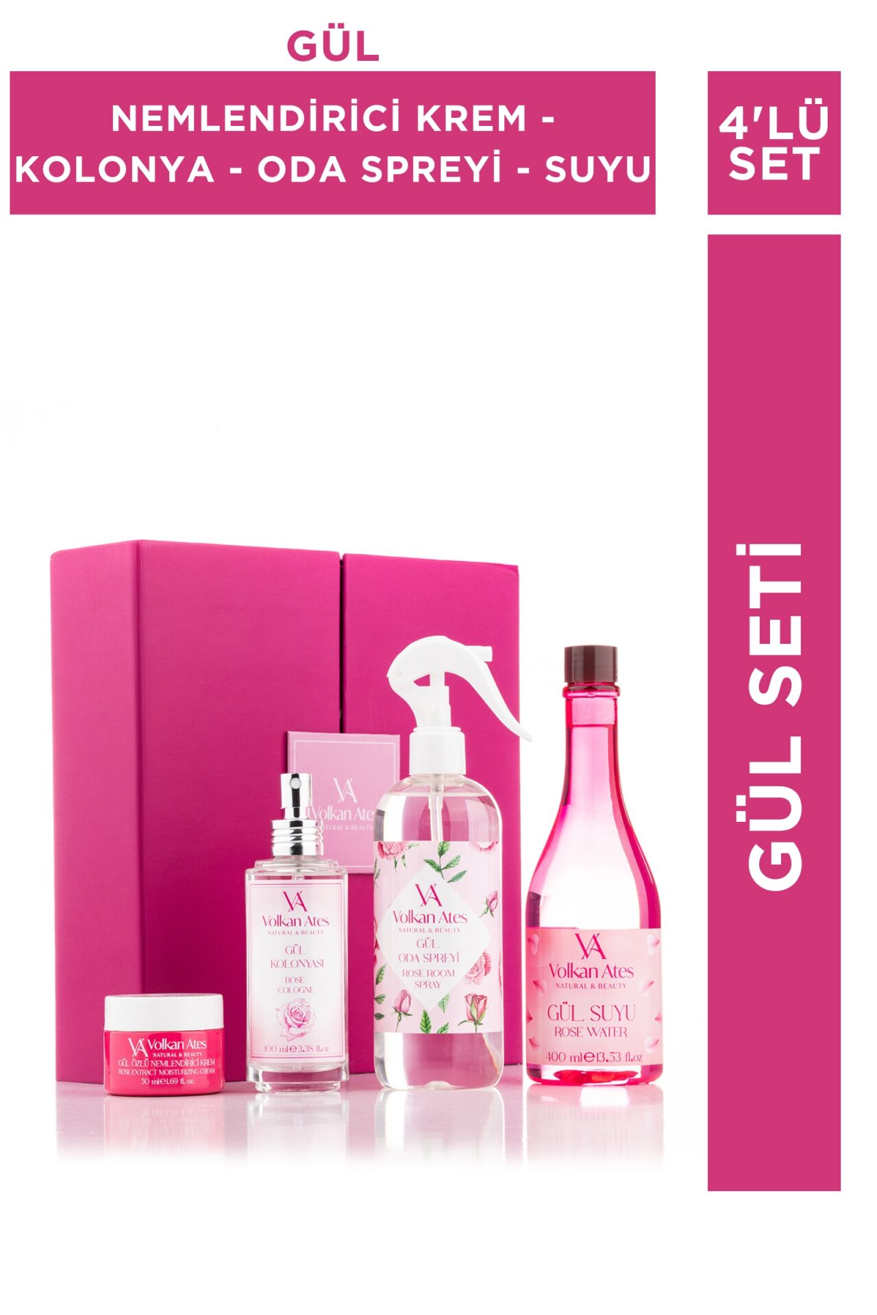 Gül Seti (Gül Özlü Nemlendirici Krem - Gül Kolonyası Cam Şişe - Gül Oda Spreyi - Gül Suyu)